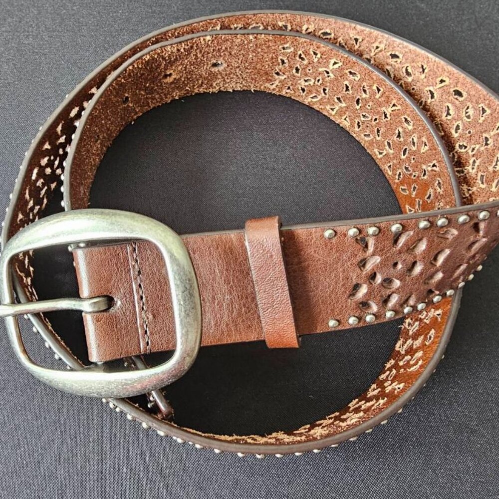 The Buckle, Women's, Brown Leather Belt, Large, Pewter Studs and Buckle